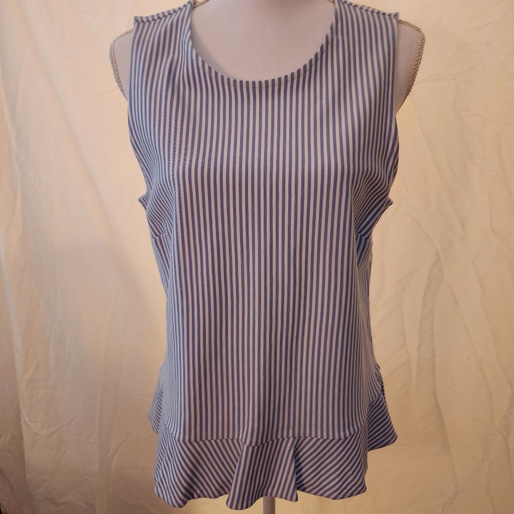Ann Taylor NWOT blue & white striped ruffle-bottomed top, size L